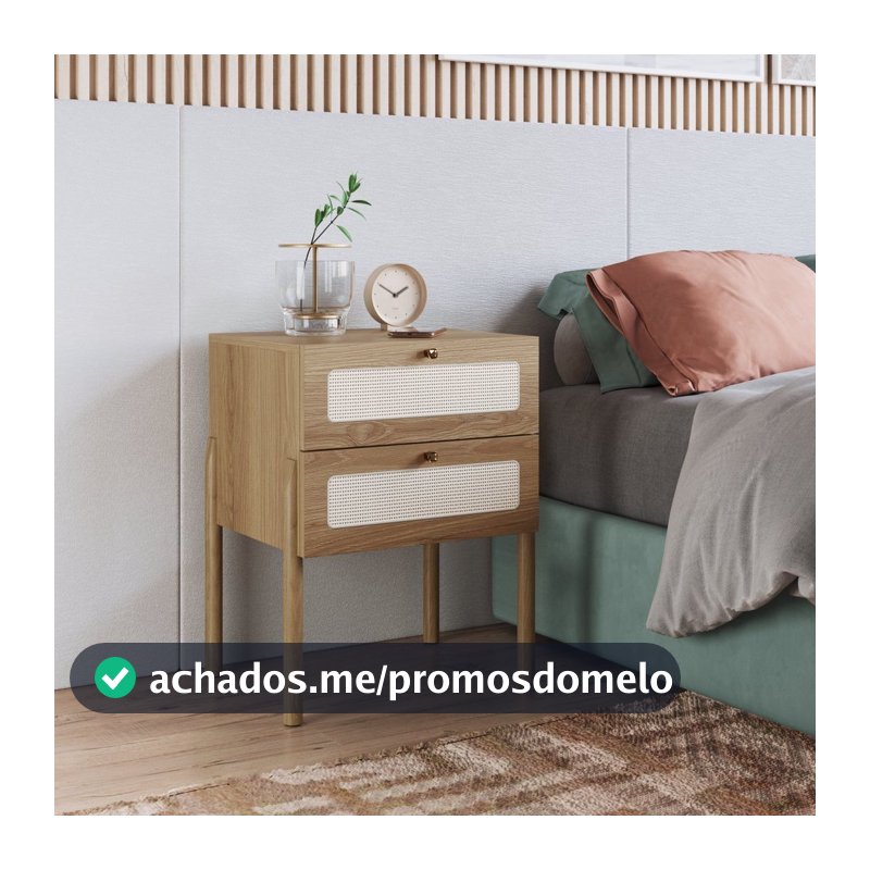 Mesa de Cabeceira 2 Gavetas Palhinha Pé Madeira Oslo Marrom Hanover Telado