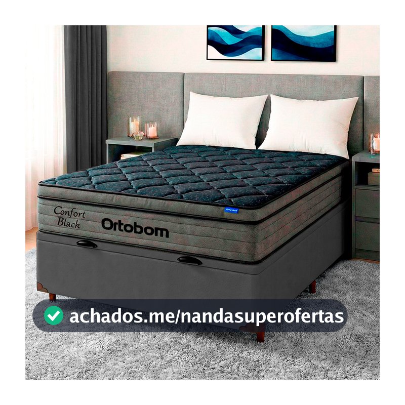 Cama Box Bau Cinza + Colchão Casal Confort Black Ortobom