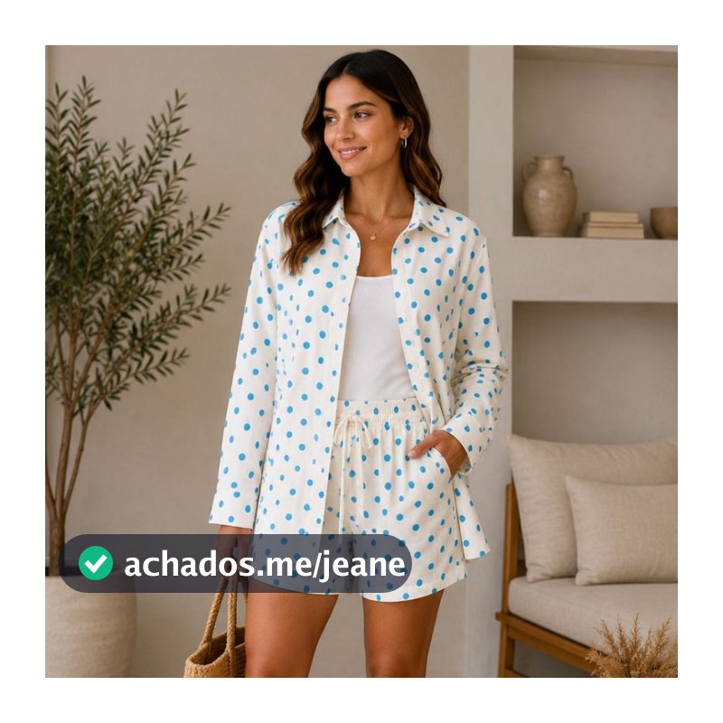 Conjunto Feminino Camisa Manga Longa + Short Poá e Listrado Cintura Elástica Verão