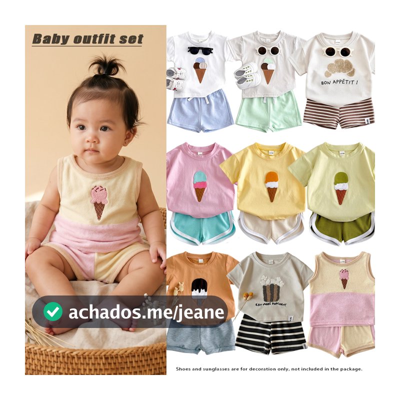 Conjunto De 2 Peças De Verão Para Bebês , Camiseta Bordada Com Sorvete + Shorts , Roupa Casual Crianças Pequenas