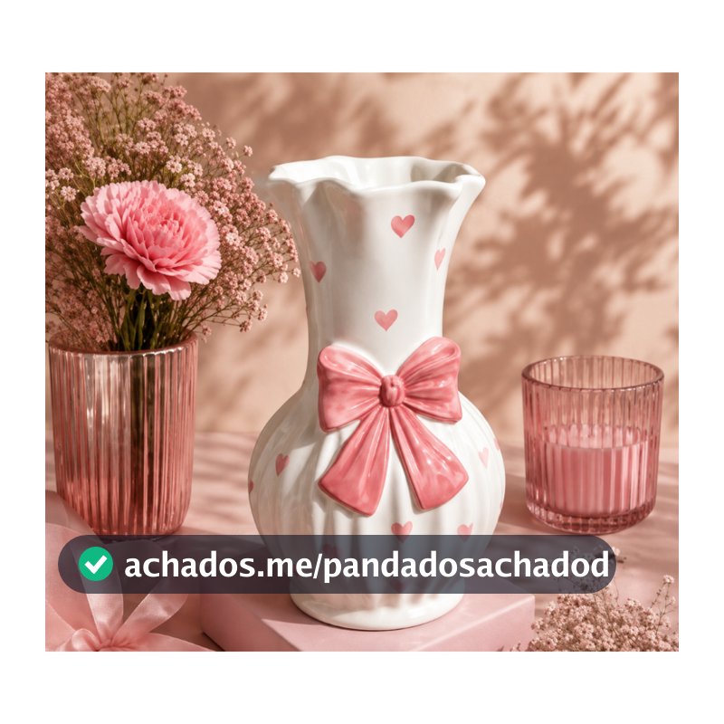 Mini Vaso Decorativo Laço 3D Rosa Estampa Coração em Cerâmica