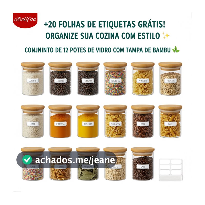 Belifou Kit 6 Pote hermético  200ML Pote De Vidro com Tampa bambu pote de mantimentos para cozinha