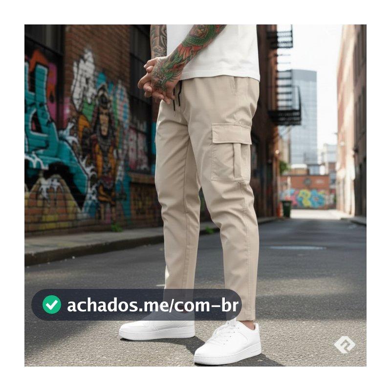 Calça Cargo Sarja Bolsos Laterais Streetwear Casual Confortável