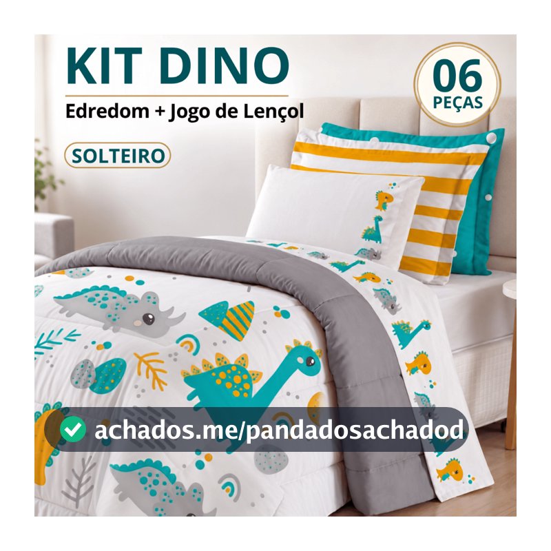 Kit Completo Cama Posta Solteiro 6 Peças Edredom + Jogo Lençol 300 Fios Percal Dino Menino Infantil