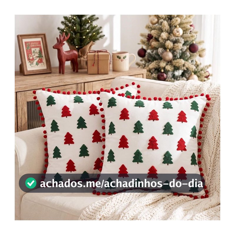 Capa de Almofada de Natal 45x45cm Bordado 3D c/ Pompons - Pronta Entrega (s/ enchimento)