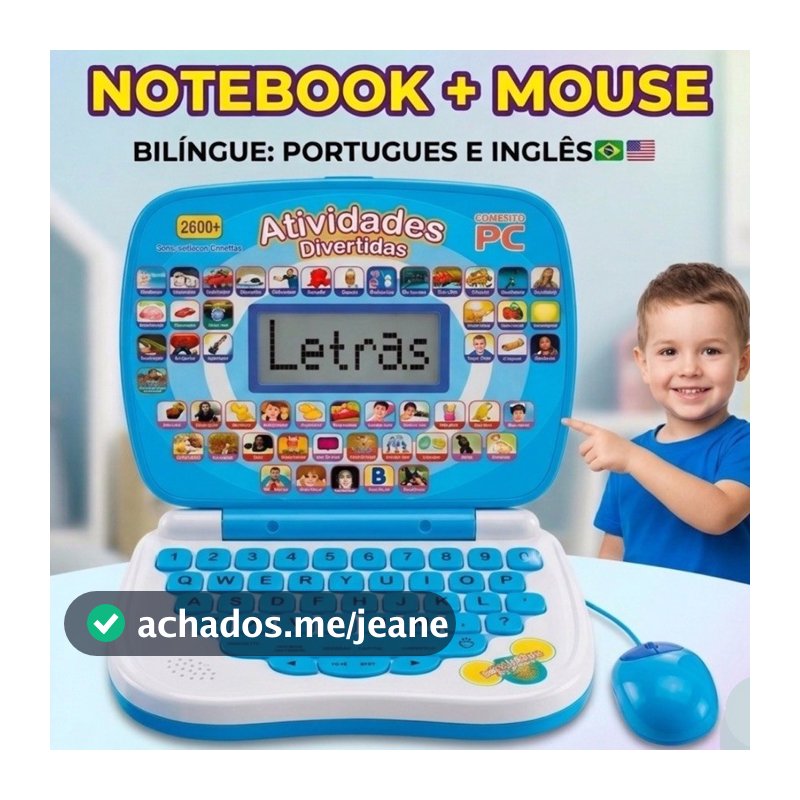 Notebook Laptop + Mouse Infantil Educativo Bilíngue Música Aprender Brincando Brinquedo Educacional