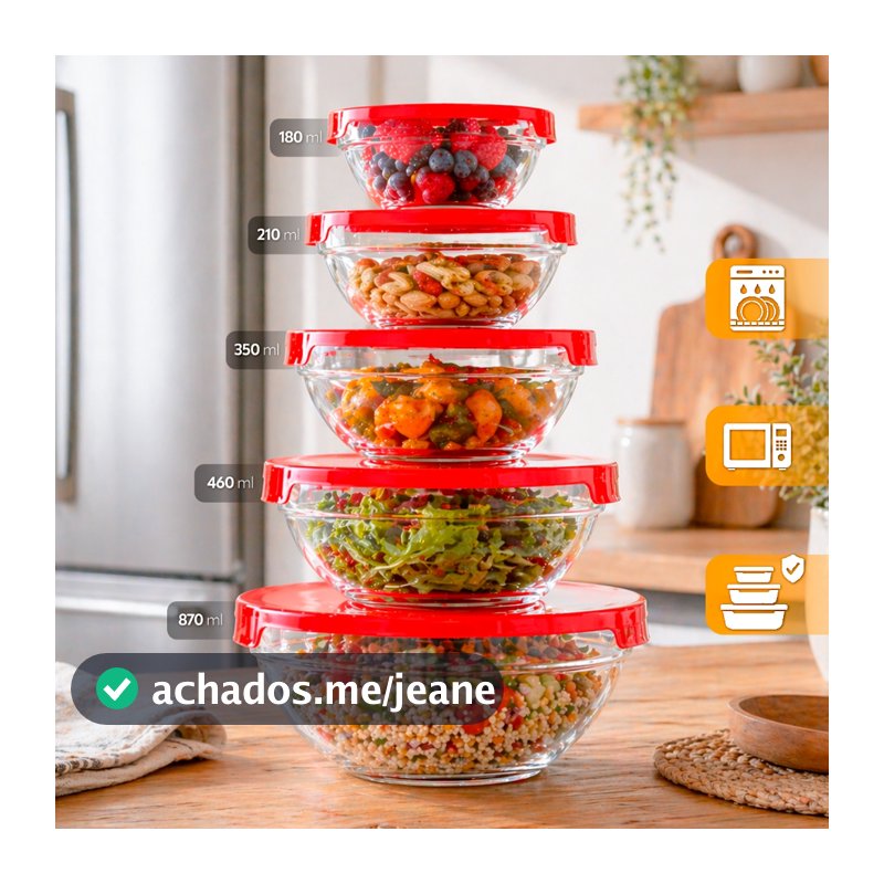 Kit 5 Tigelas de Vidro RedondasTampas Herméticas Potes Cozinha e Armazenamento