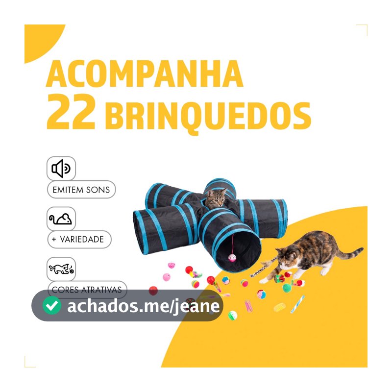 Kit Túnel de Gato + 22 Brinquedos - Túnel 5 Saídas Grande com bolinha