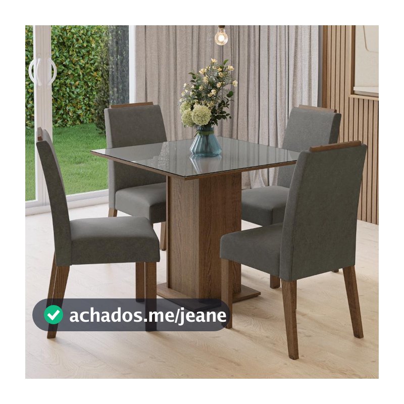 Conjunto Sala de Jantar Tampo de Vidro 4 Cadeiras Sines Madesa