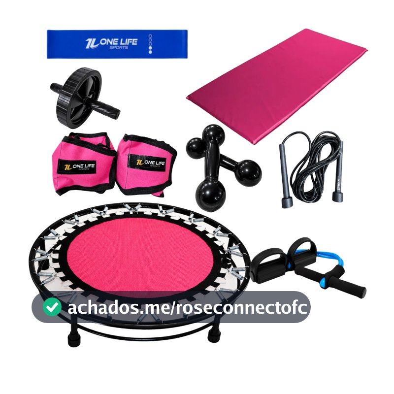 Kit Funcional com Mini Jump Preto, Caneleira 2kg Rosa, Halteres, Colchonete, Roda Abdominal, Extensor e Mini Band