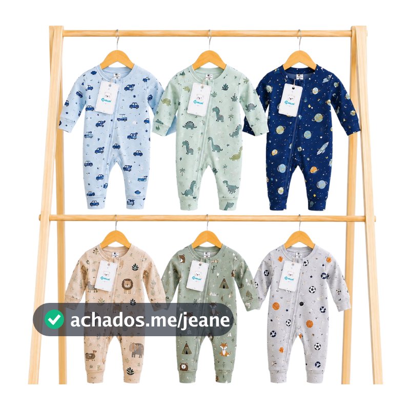 Kit 6 Macacões Bebê Infantil 100% Algodão para Menino Macacão com Zíper Vira Pé masculino