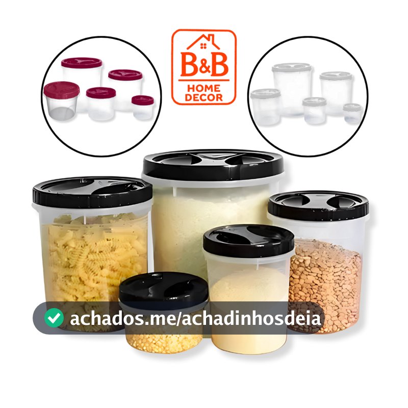 Jogo de Potes Porta Mantimentos Vasilhas Plásticas Tampa Rosca Arroz Feijão Açúcar 5 Peças