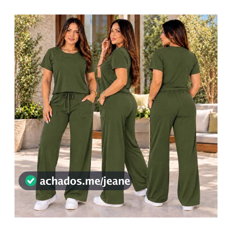 Conjunto Feminino Calça Pantalona e Blusa Manga Curta Look Casual Confortável PRONTA ENTREGA