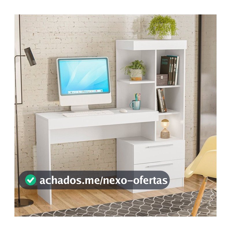 Escrivaninha Mesa Escritório com Estante Office Nt 2010 2 Gavetas 131,5cm Branco New e Rosa Branco New/Rosa