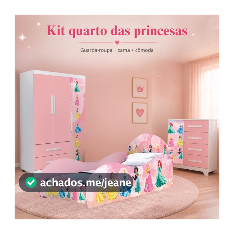 Quarto Infantil Completo Rosa com Guarda-Roupa Cômoda e Cama Carruagem