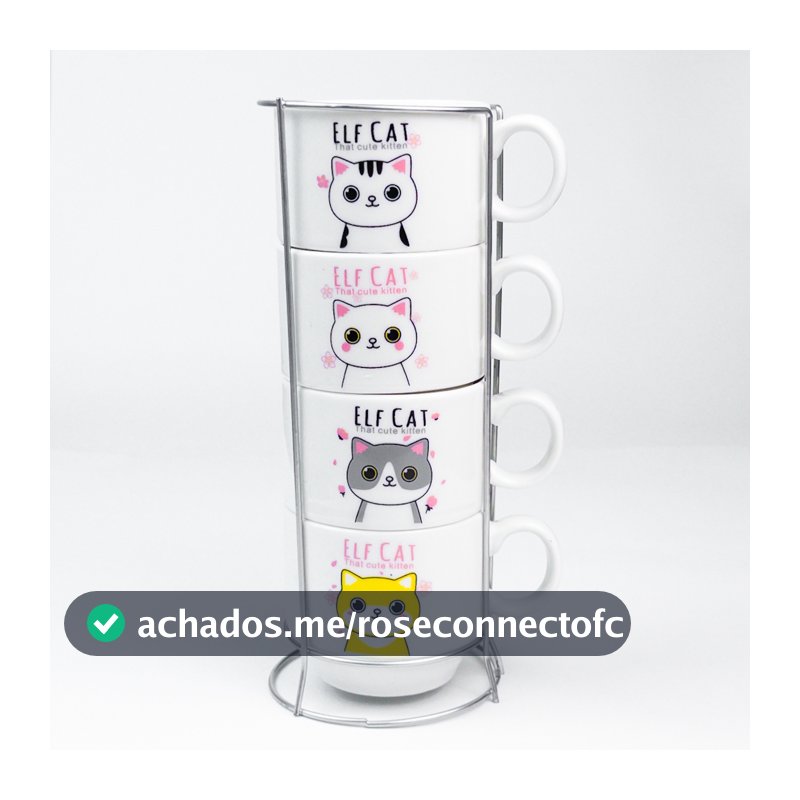 Kit 4 Xícaras Cerâmicas + 1 Suporte Torre de Metal 150ml - Pets/Gatinhos