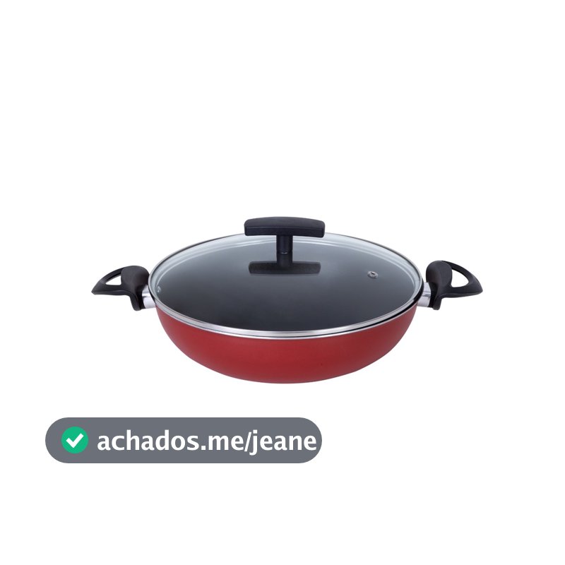 Frigideira Antiaderente Wok Com Tampa de Vidro Grande Teflon 30cm