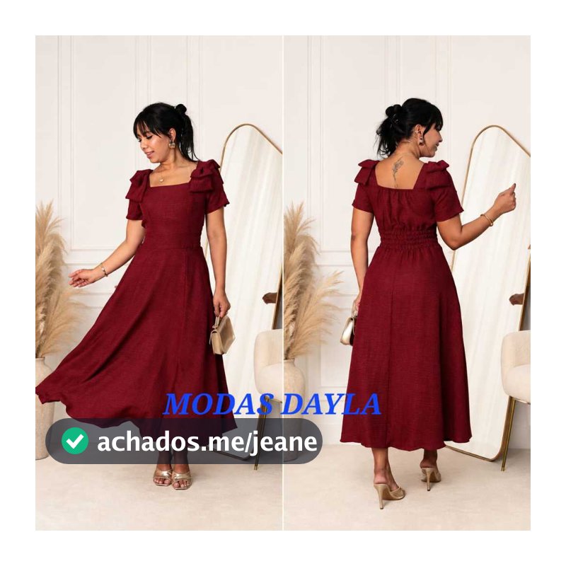 Vestido Mídi feminino Moda Evangelica Com Manga Duna Linho Com Laço Na Ombro