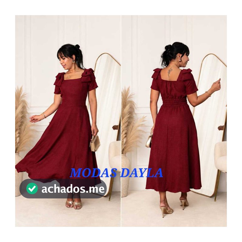 Vestido Mídi feminino Moda Evangelica Com Manga Duna Linho Com Laço Na Ombro