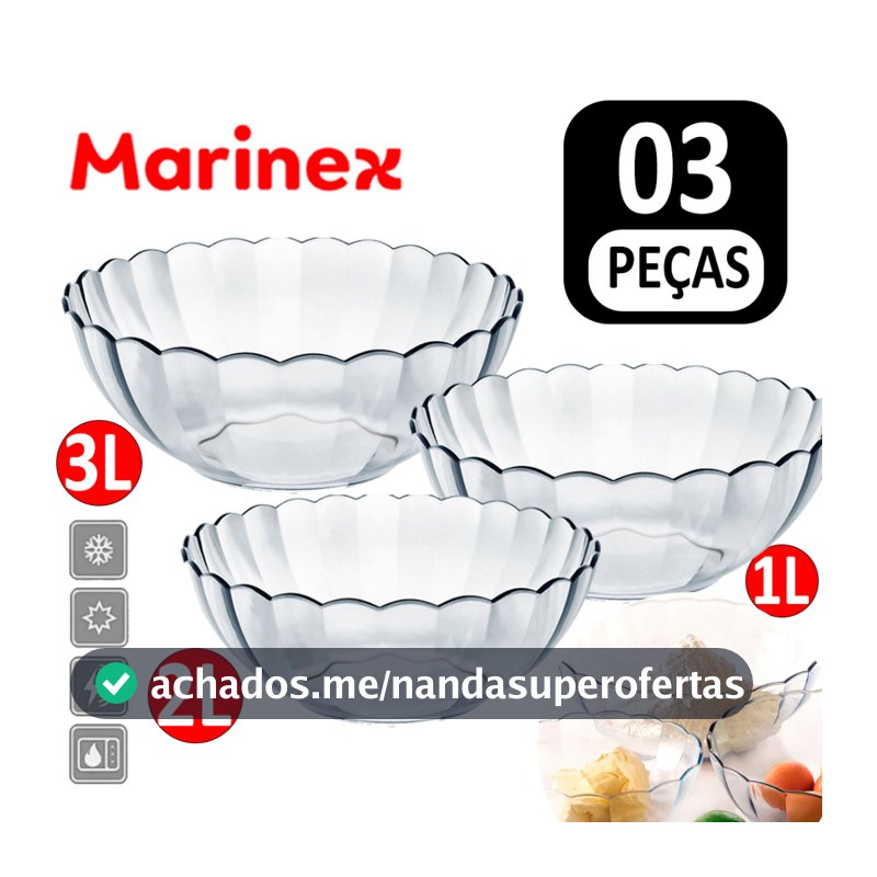 Conjunto Jogo de Tigelas Travessa Marinex Astral Vidro Temperado Saladeira Kit Tigela Transparente