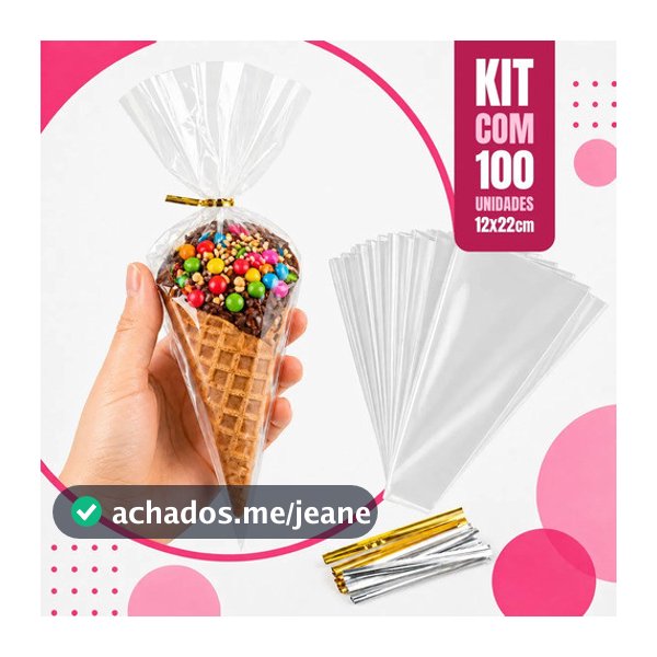 Kit Saquinhos 12x22cm Formato Cone Transparente Embalagem Festa Confeitaria Doces