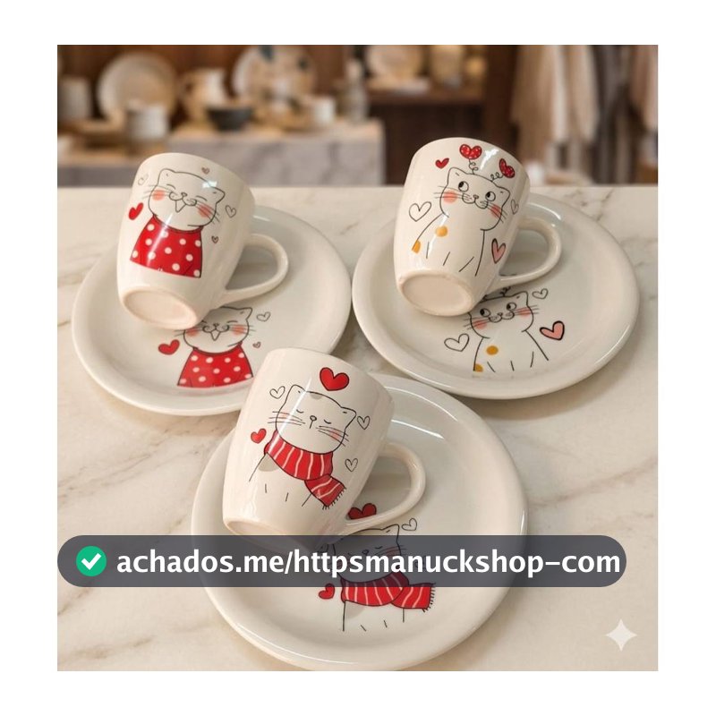 Kit Jogo Caneca Landy 240ml + Prato Sobremesa Lanche em Porcelana Linha Kids Gatinho Branco