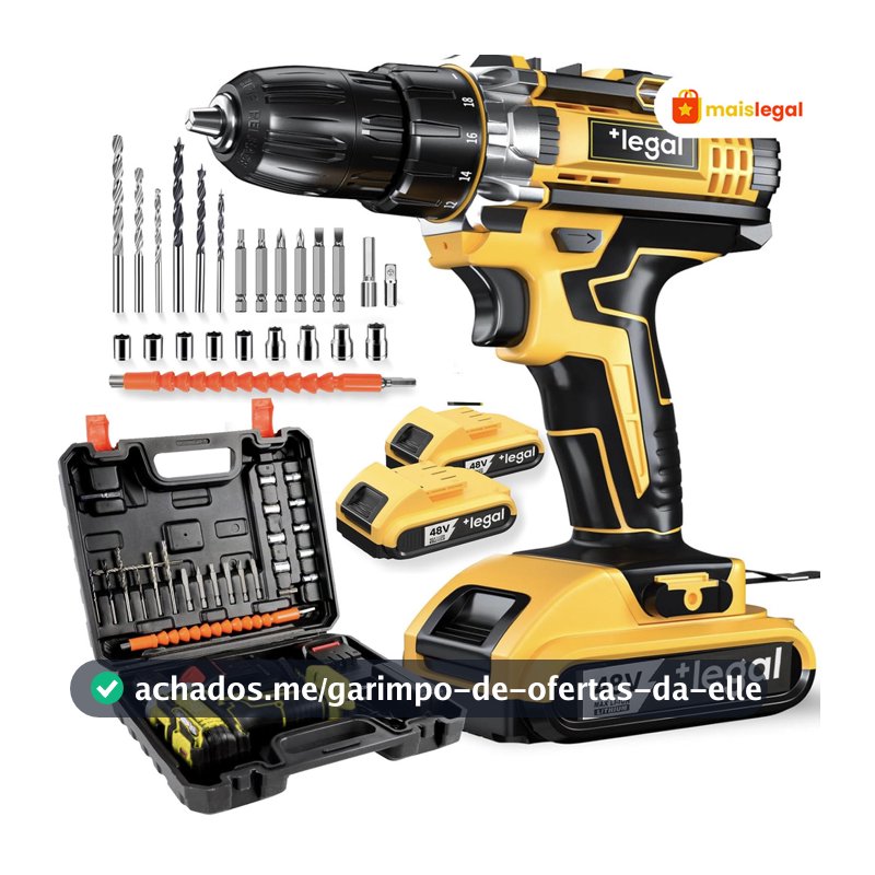 Furadeira/Parafusadeira 26V/48V Dual Baterias, Conjunto com Estuche e Ferramentas Inclusas