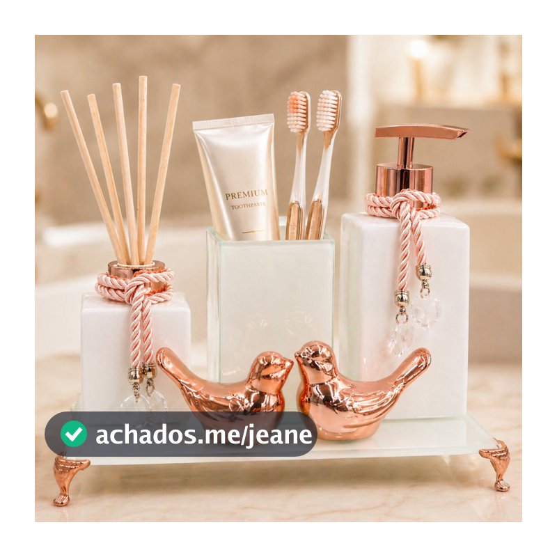 Kit Lavabo Luxo Vidro Square Branco Degrade com Porta Escova Pássaros Bandeja Saboneteira e Aromatizador