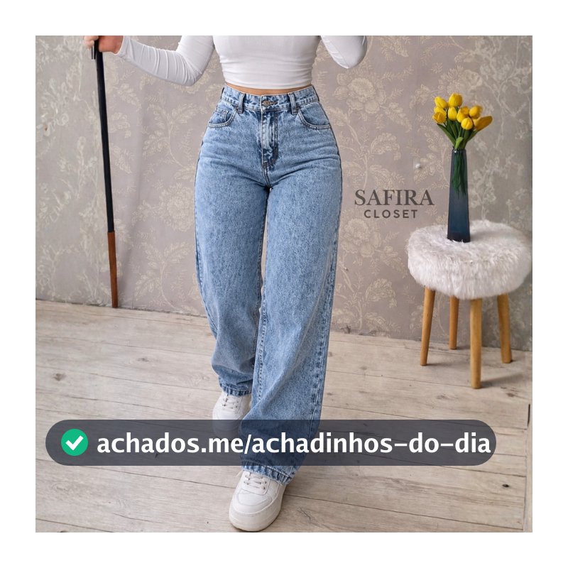 Calça Wide Leg Jeans Feminina Marmorizada Cintura Alta 100% Algodão Premium