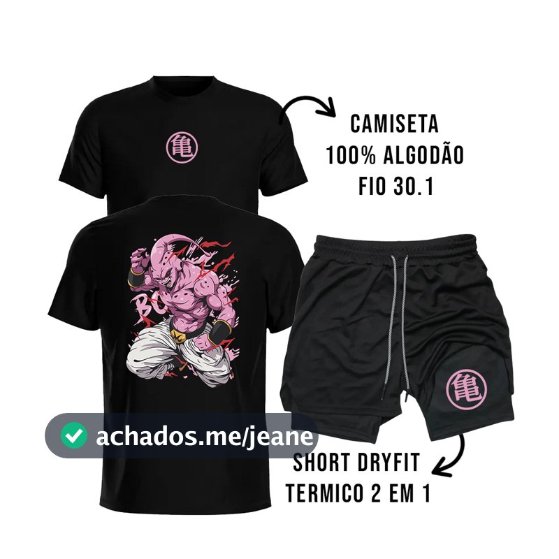 Kit Camiseta Algodão Bermuda Dry Fit Majin Boo Academia Treino Musculação Streetwear