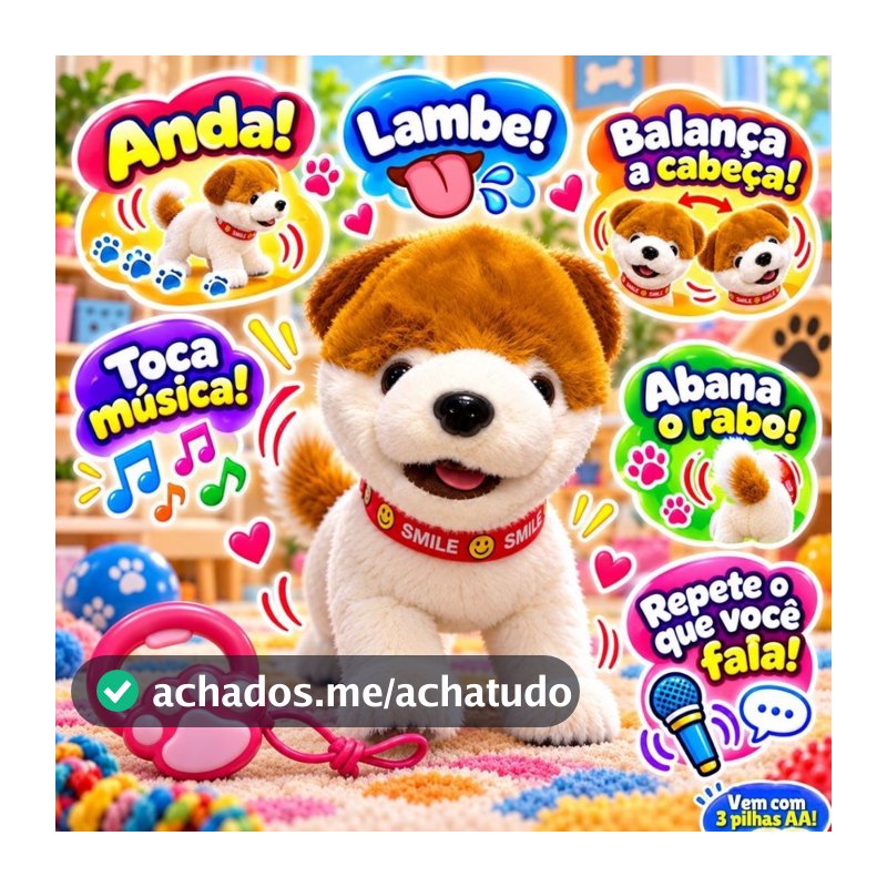 Cachorro de Pelúcia Interativo Anda Late Lambe Abana Rabo Toca Música Repete Voz