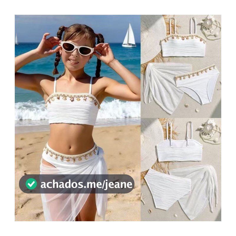 [Anil] Conjunto De Biquíni De 3 Peças Para Meninas Adolescentes 8-12 Anos Concha Estrela Do Mar Decoração Bandeau Maiô M
