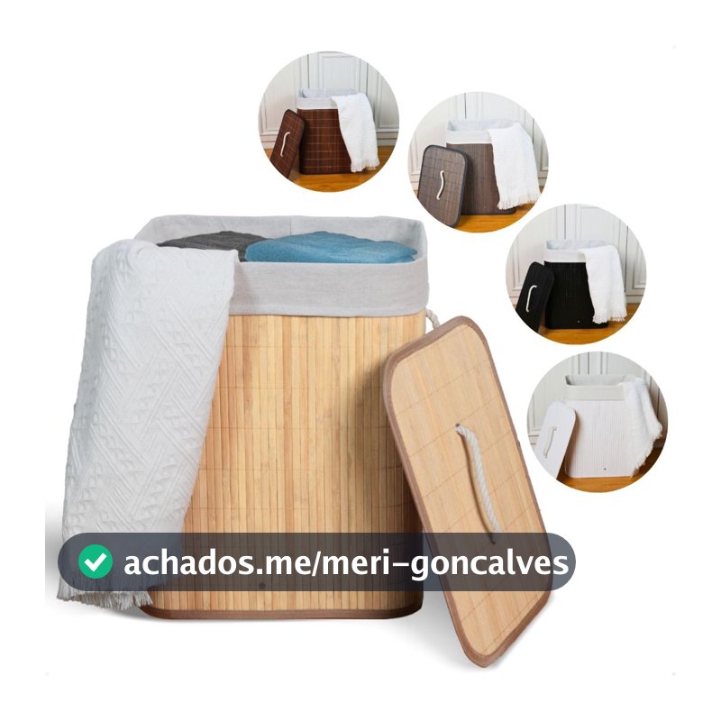 Cesto de Roupa Suja Bambu Com Tampa e Alças 50 Litros Grande Organizador Multiuso