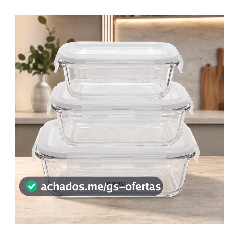 Kit 3 Potes De Vidro Hermético P, M e G Refratário