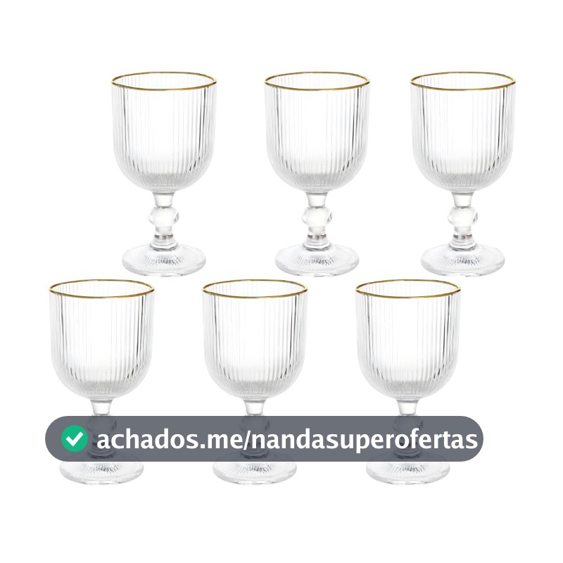 Kit 6 Taças De Vidro 260ml Canelado Versalhes Borda Dourada Bulk