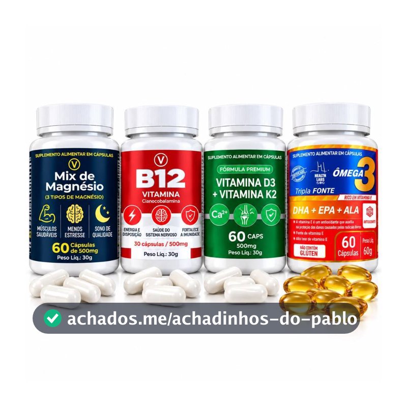 Kit Vitaminas e Minerais B12 D3 K2 Magnésio e Ômega 3 em Gel Imunidade Energia Ossos