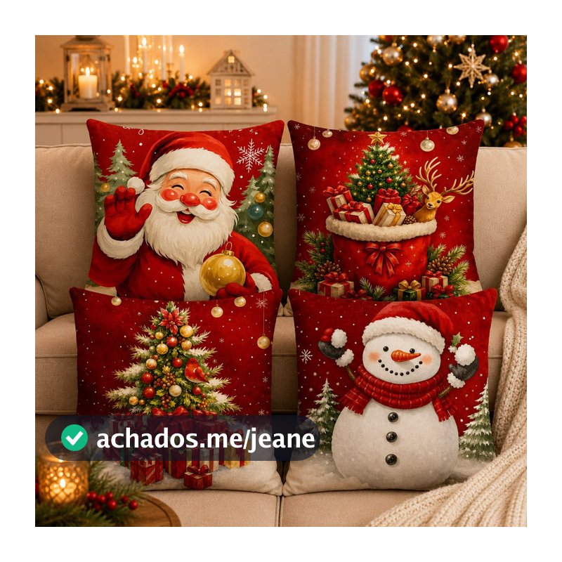 Kit 4 Capas de Almofadas Natalinas Feliz Natal 45cm x 45cm Estampadas Decorativas