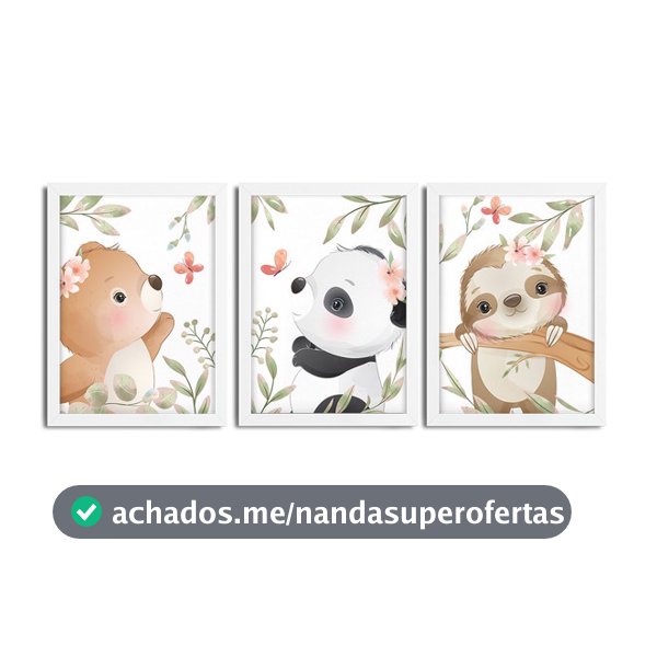 Kit 3 Quadros infantil Menina Savana aquarela 20x30 cada peça urso panda