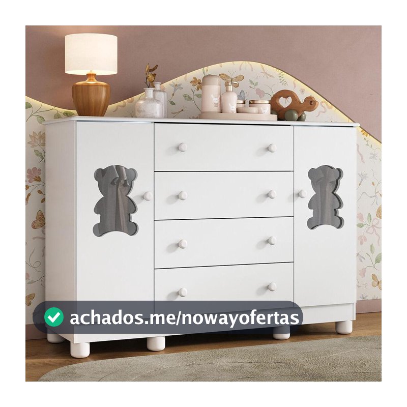 Cômoda Infantil para Bebê 125cm 2 Portas com Vidro e 4 Gavetas Fofura Multimóveis MP4485