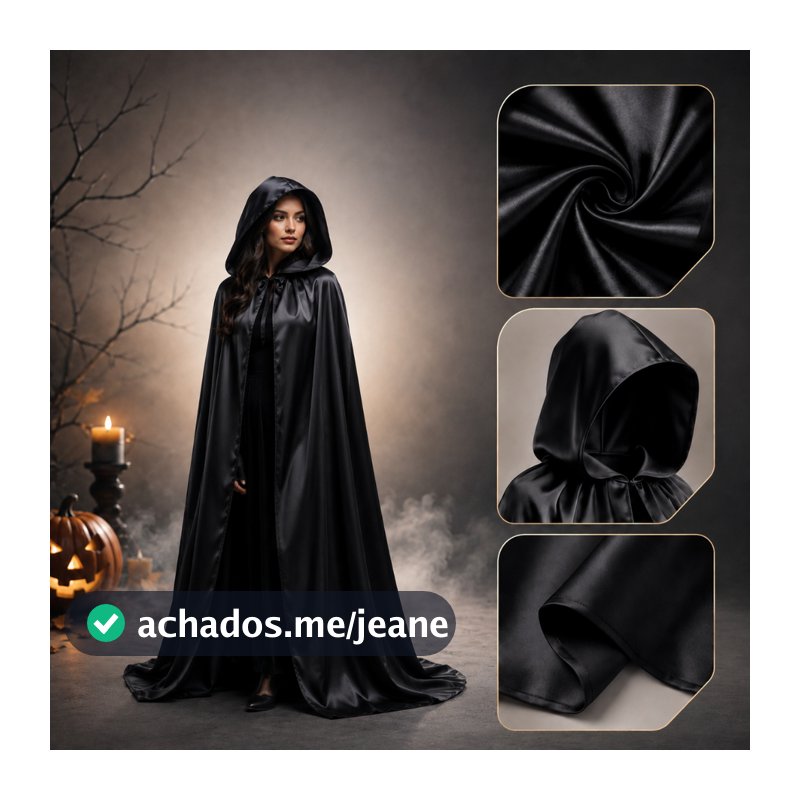 Capa de Bruxa/Vampiro 180cm de Cetim Preta Unissex