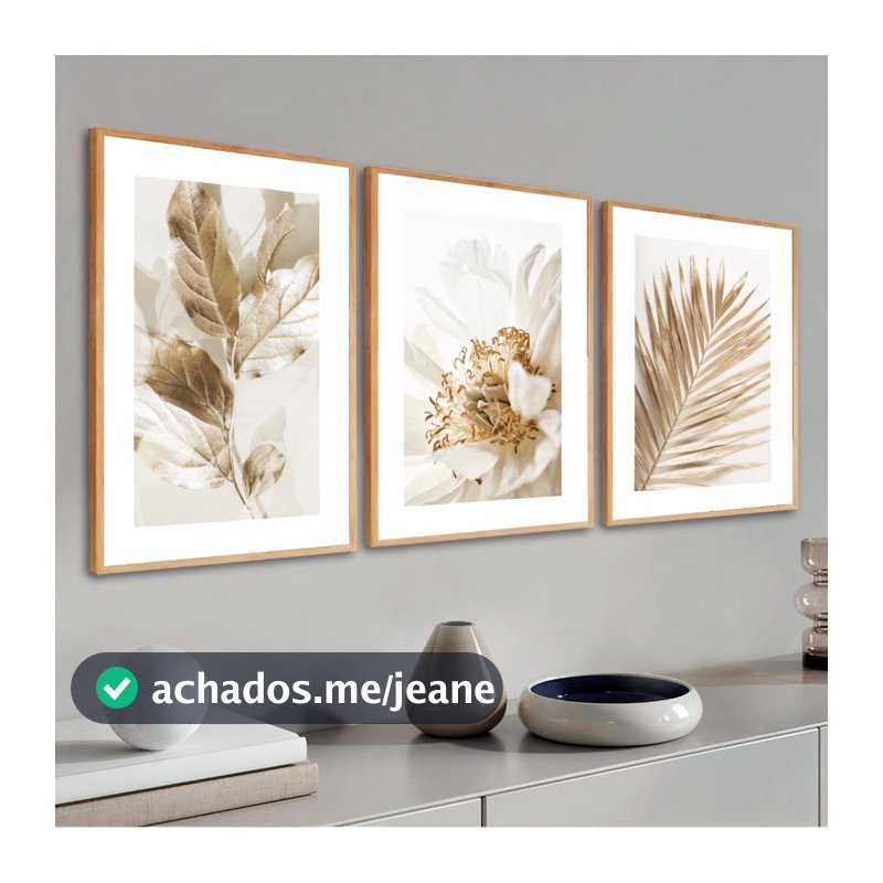Kit 3 Quadros Decorativos Folhagem Dourada Gold Moldura 40X60 cm Sala Grande Moderno