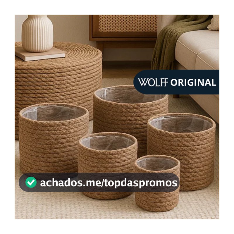 Kit Com 5 Cachepots Cestos de Fibra Natural C/ Forro - Wolff Original