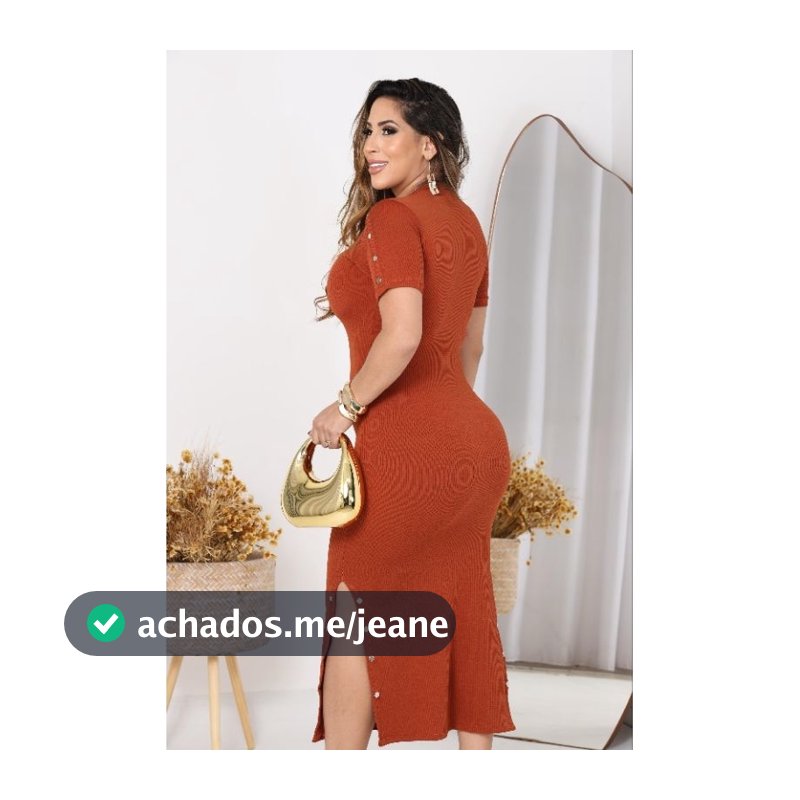 Vestido Midi Feminino Fenda Lateral com Botões Malha Canelada Ana Ruga