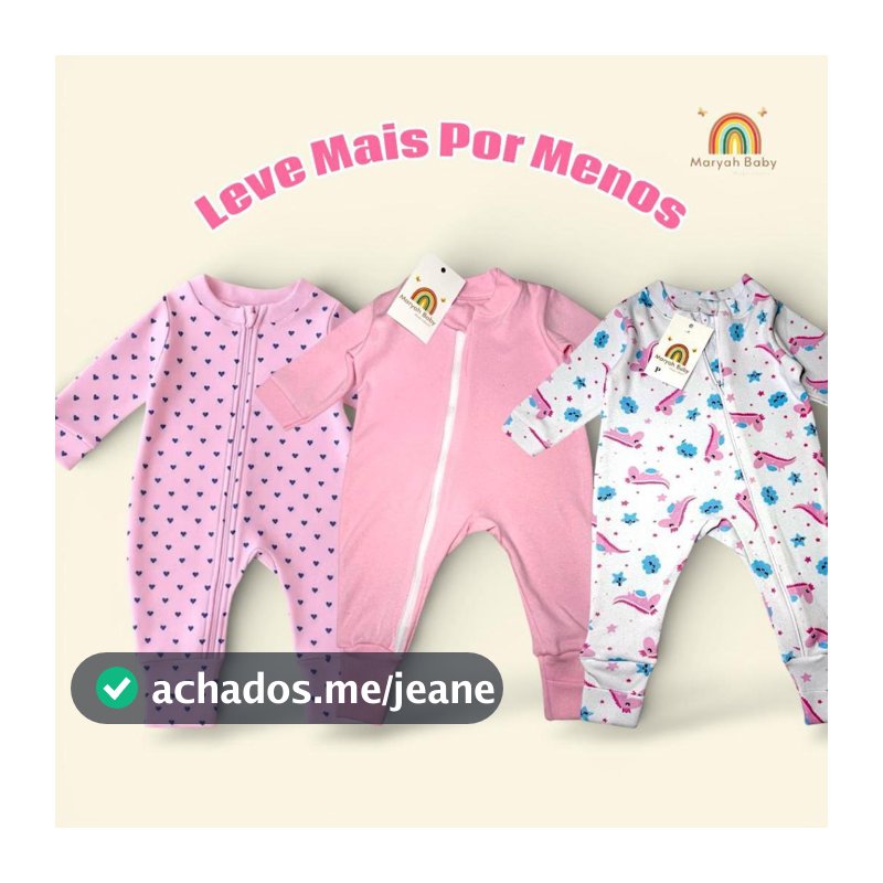 3 Macacões Bebê Vira Pé Com Zíper Menina 100% Algodão