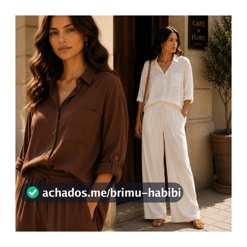 Conjunto Linho Feminino Camisa e Calça Pantalona com Poliéster Elegante Casual Confortável Leve