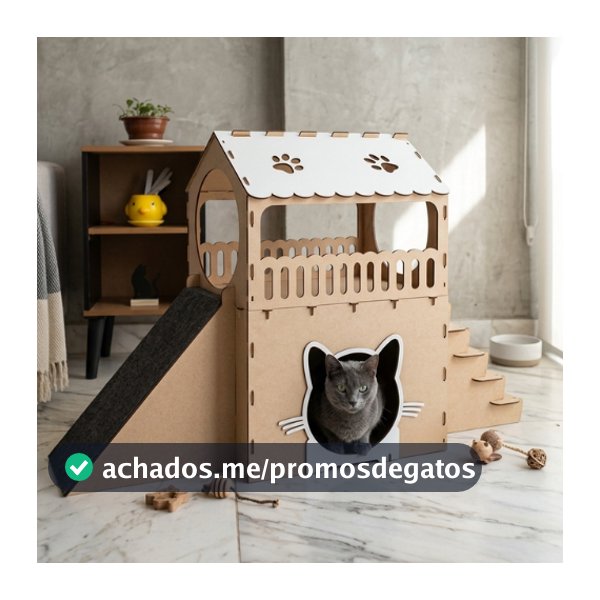 Casinha para Gatos 2 Andares MDF com Arranhador e Rampa Carpete– Toca Playground Antiestresse