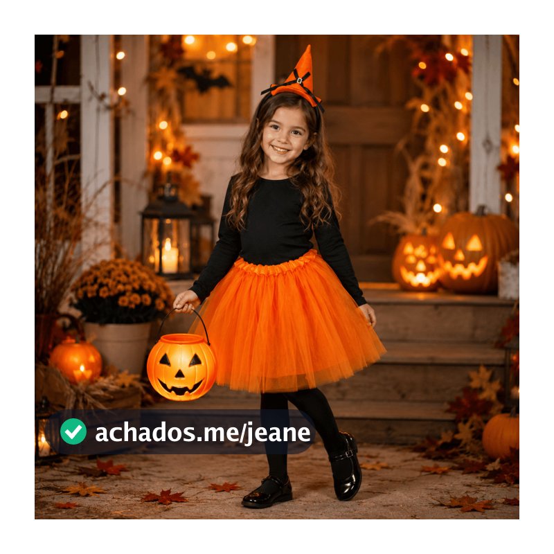 Kit Fantasia Bruxa Infantil Saia Tule 50cm Tiara Abóbora Porta Doces Fio de Fada / Halloween Bruxinha