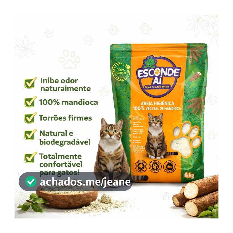 AREIA P/ GATO ESCONDE AI BIODEGRADAVEL MANDIOCA NATURAL 4KG