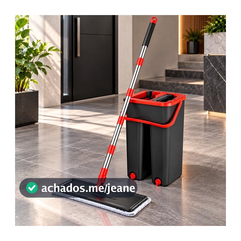 Flat Mop Rodo Lava e Seca com Balde Esfregão Giratório + 1 Refil para Limpeza de Piso