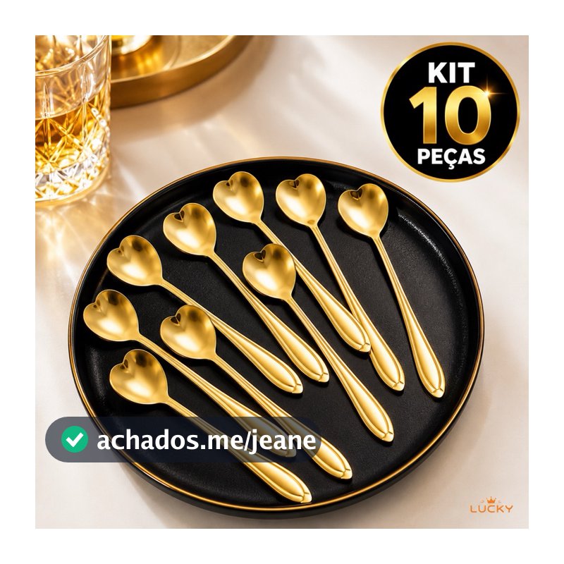 Kit 10 Colheres Coração Fofa para Cozinha Mesa Posta Douradas Café Sobremesa Chá Aço Inoxidável